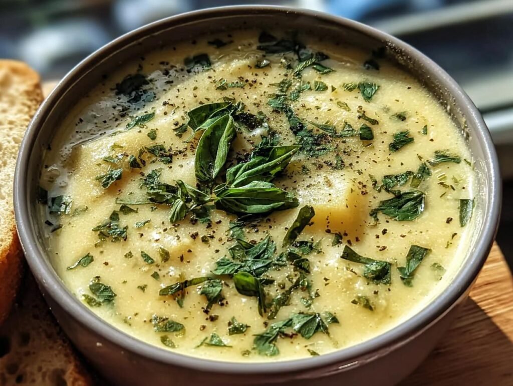 Close-up of a bowl of creamy Garlic Herb Potato Soup, garnished with fresh herbs and pepper.
