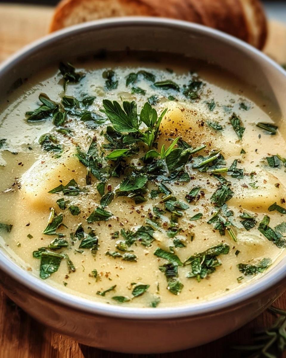 Close-up of a bowl of creamy Garlic Herb Potato Soup, garnished with fresh herbs and pepper.