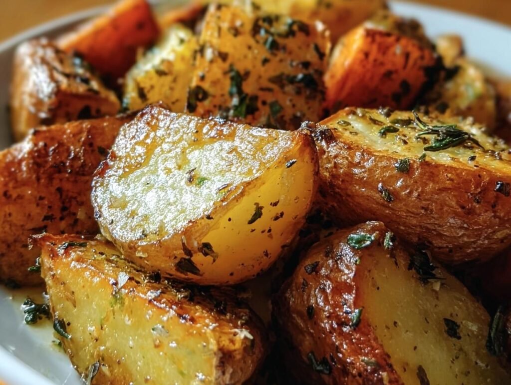 Close-up of golden Garlic Herb Roasted Potatoes, showcasing their crispy texture and herb seasoning.