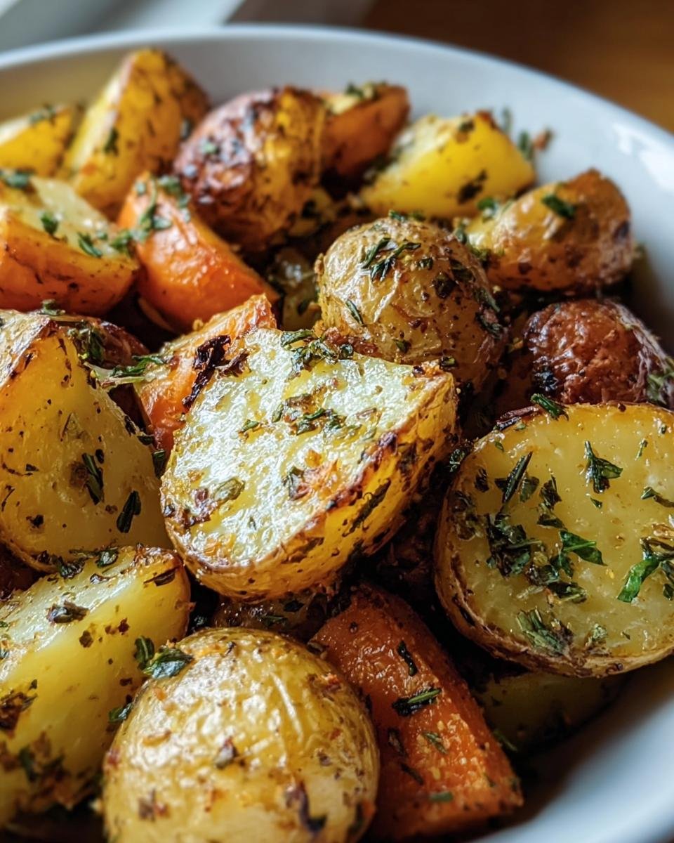 Close-up of Garlic Herb Roasted Potatoes in a bowl, showing crispy edges and fresh herbs.