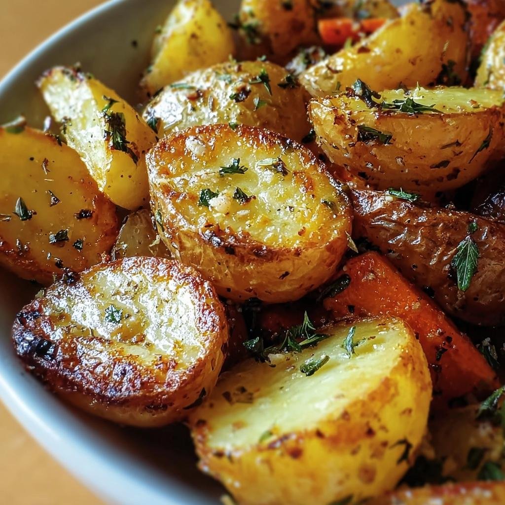 Close-up of golden Garlic Herb Roasted Potatoes with herbs and carrots in a bowl.