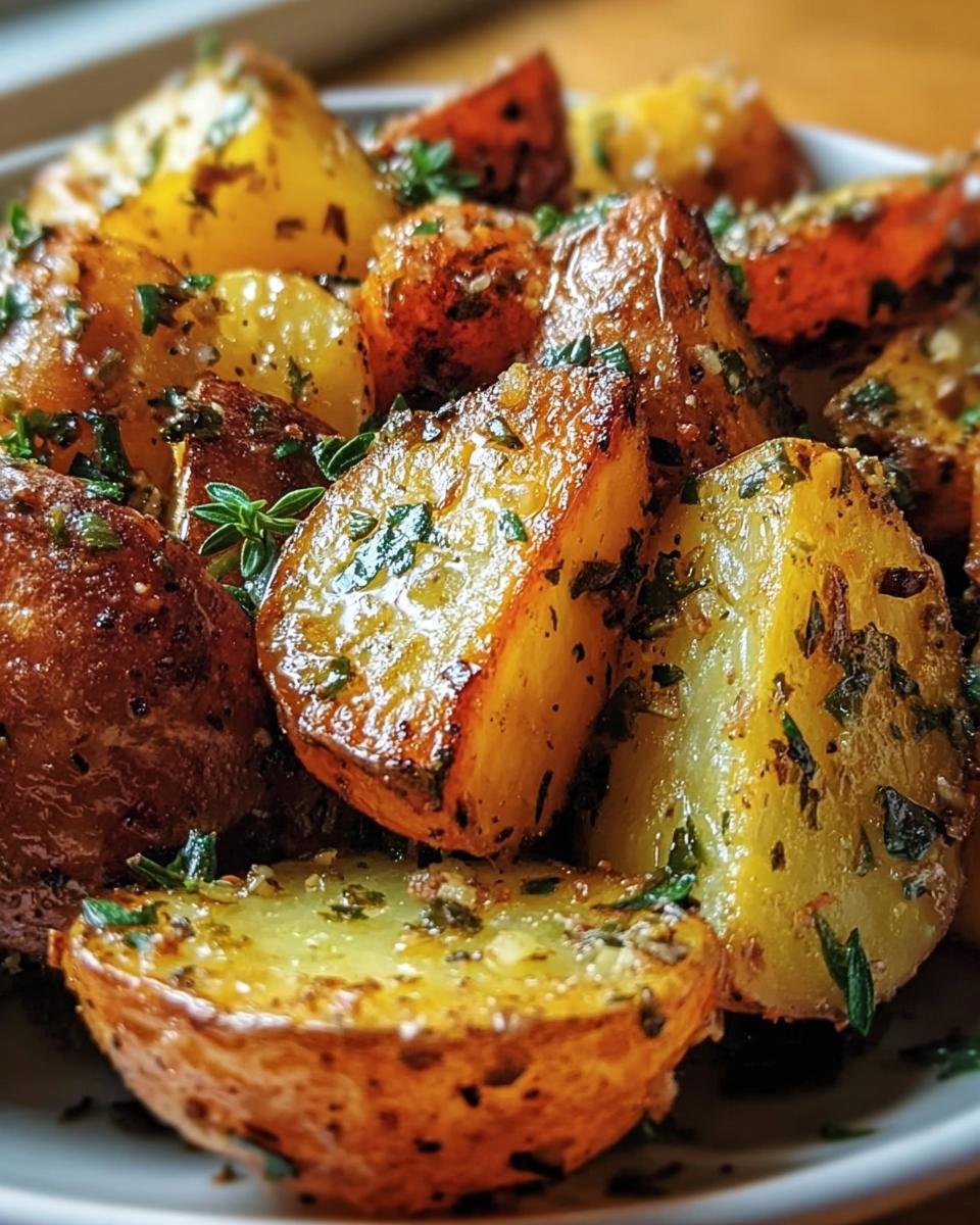 A close-up of perfectly roasted Garlic Herb Roasted Potatoes, showcasing their crispy texture and herb seasoning.