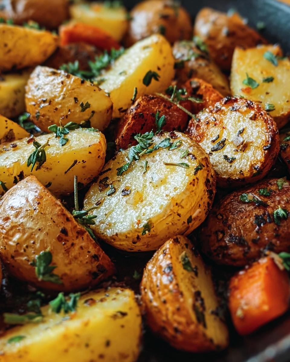 A close-up of Garlic Herb Roasted Potatoes, showcasing their crispy texture and herb garnish.