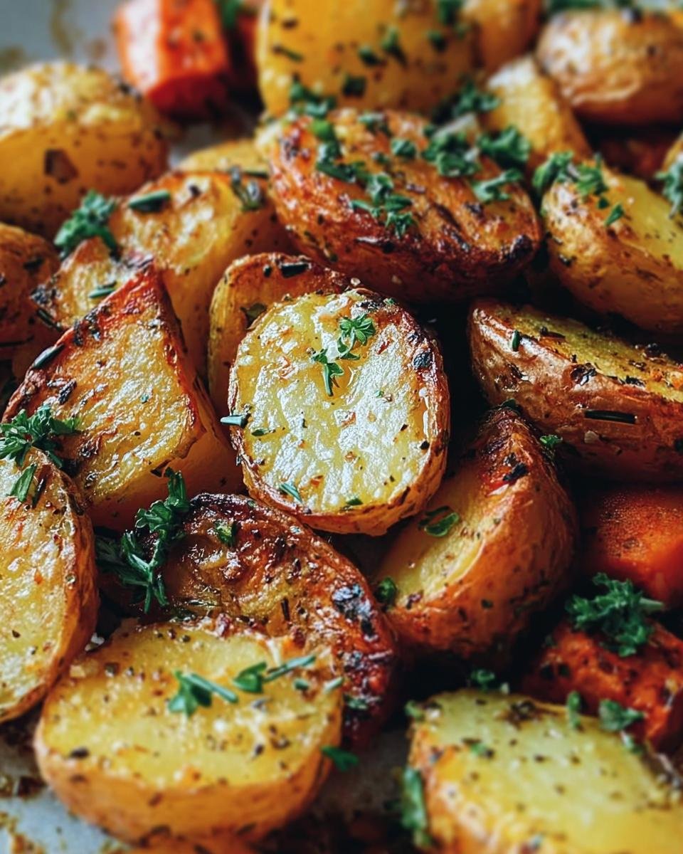 Close-up of golden Garlic Herb Roasted Potatoes with fresh herbs, showcasing their crispy texture.