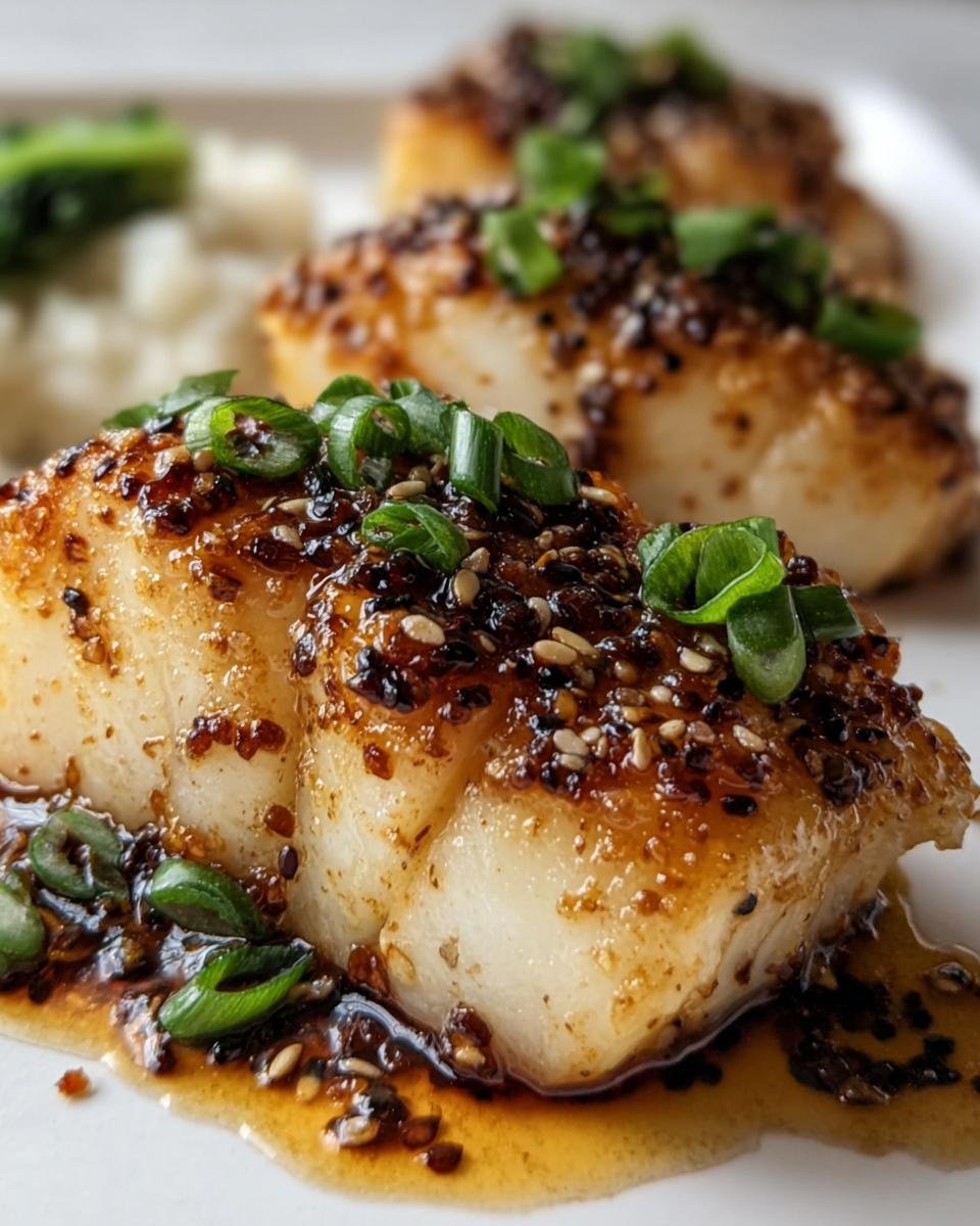 Three pieces of Ginger Soy Glazed Cod, garnished with green onions and sesame seeds, served on a white plate.