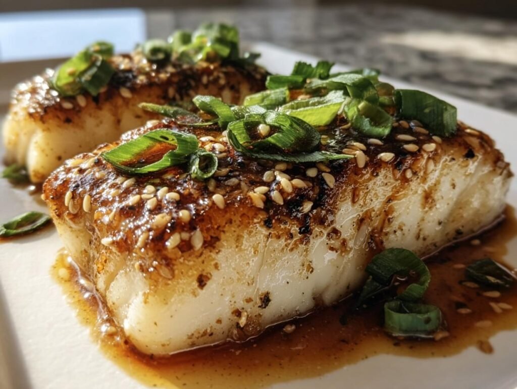 Two pieces of Ginger Soy Glazed Cod, topped with sesame seeds and green onions, on a white plate.
