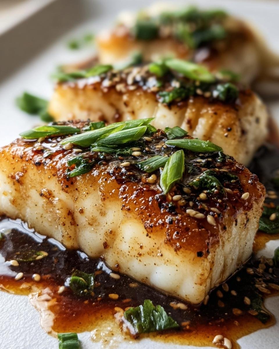 Close-up of Ginger Soy Glazed Cod fillets, garnished with sesame seeds and green onions.