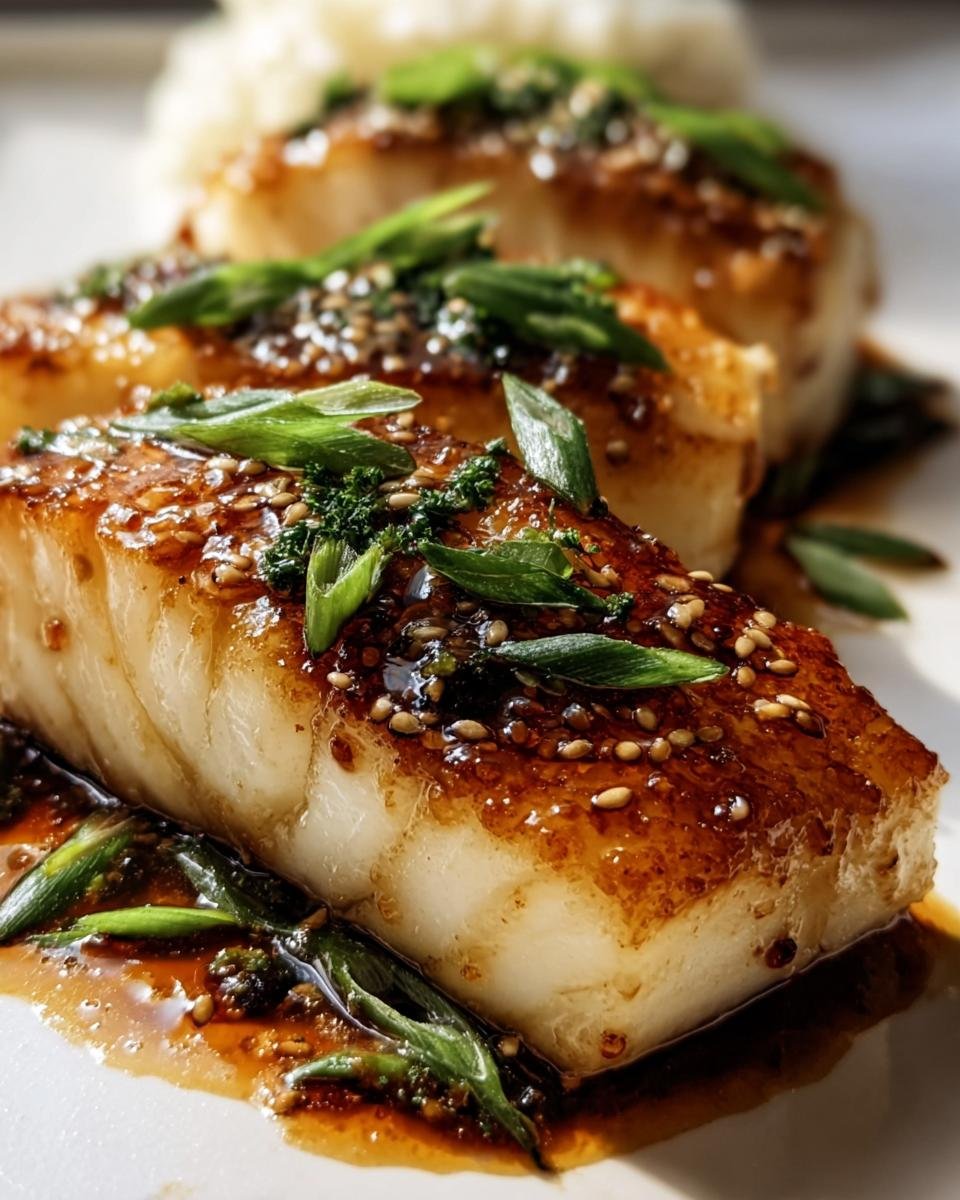 Close-up of Ginger Soy Glazed Cod fillets, garnished with sesame seeds and green onions.