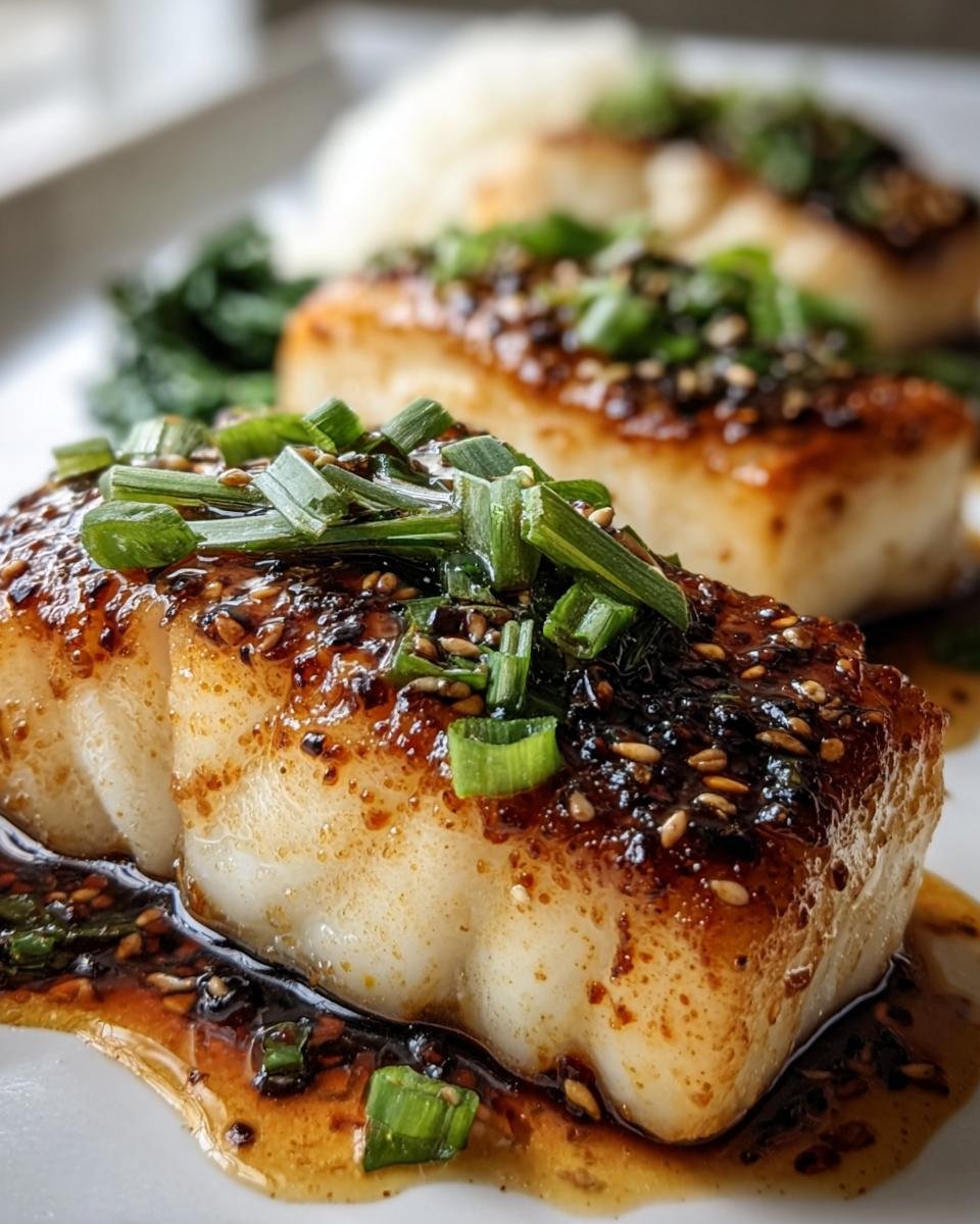 Close-up of Ginger Soy Glazed Cod fillets topped with green onions and sesame seeds, served with rice and greens.