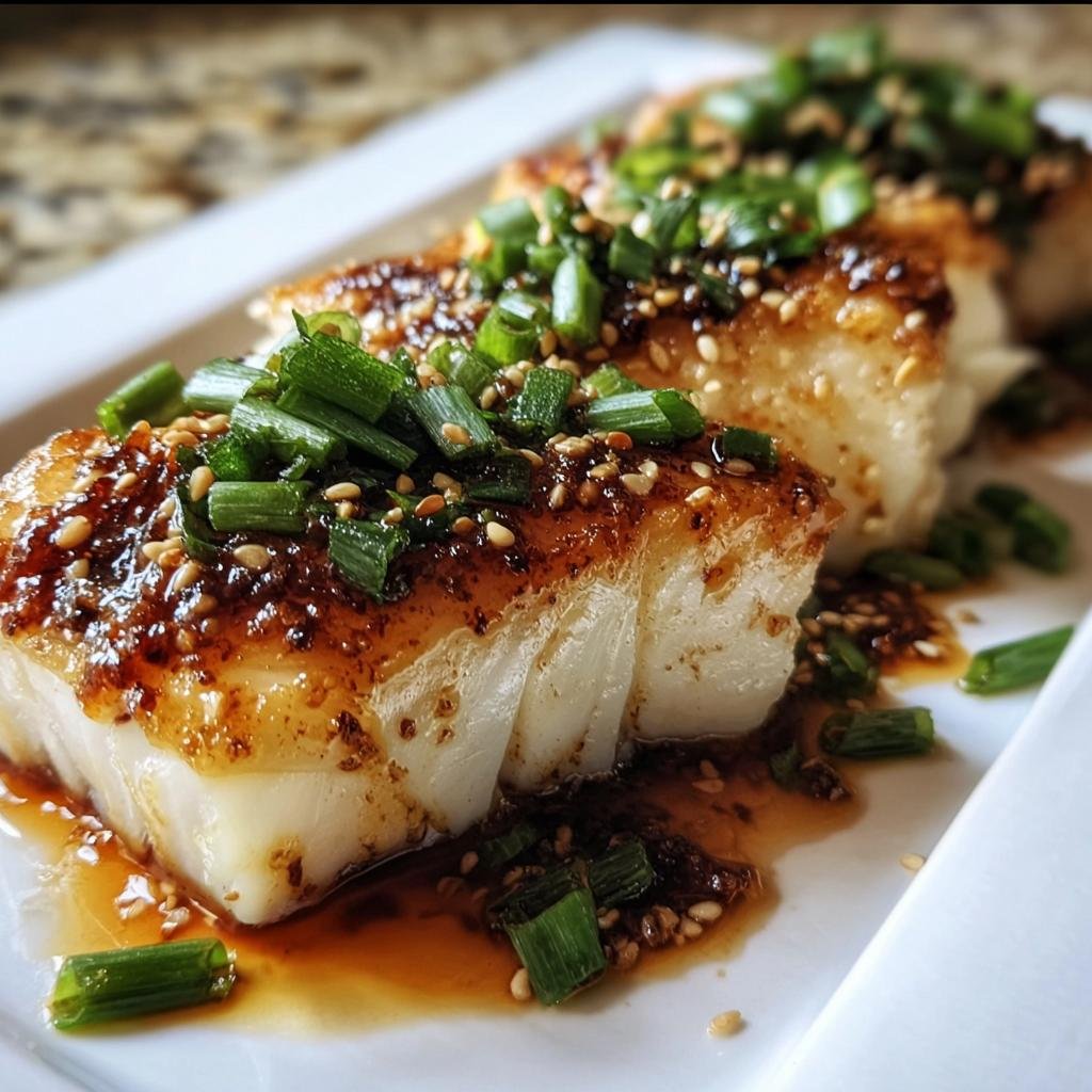 Close-up of Ginger Soy Glazed Cod, garnished with scallions and sesame seeds on a white plate.