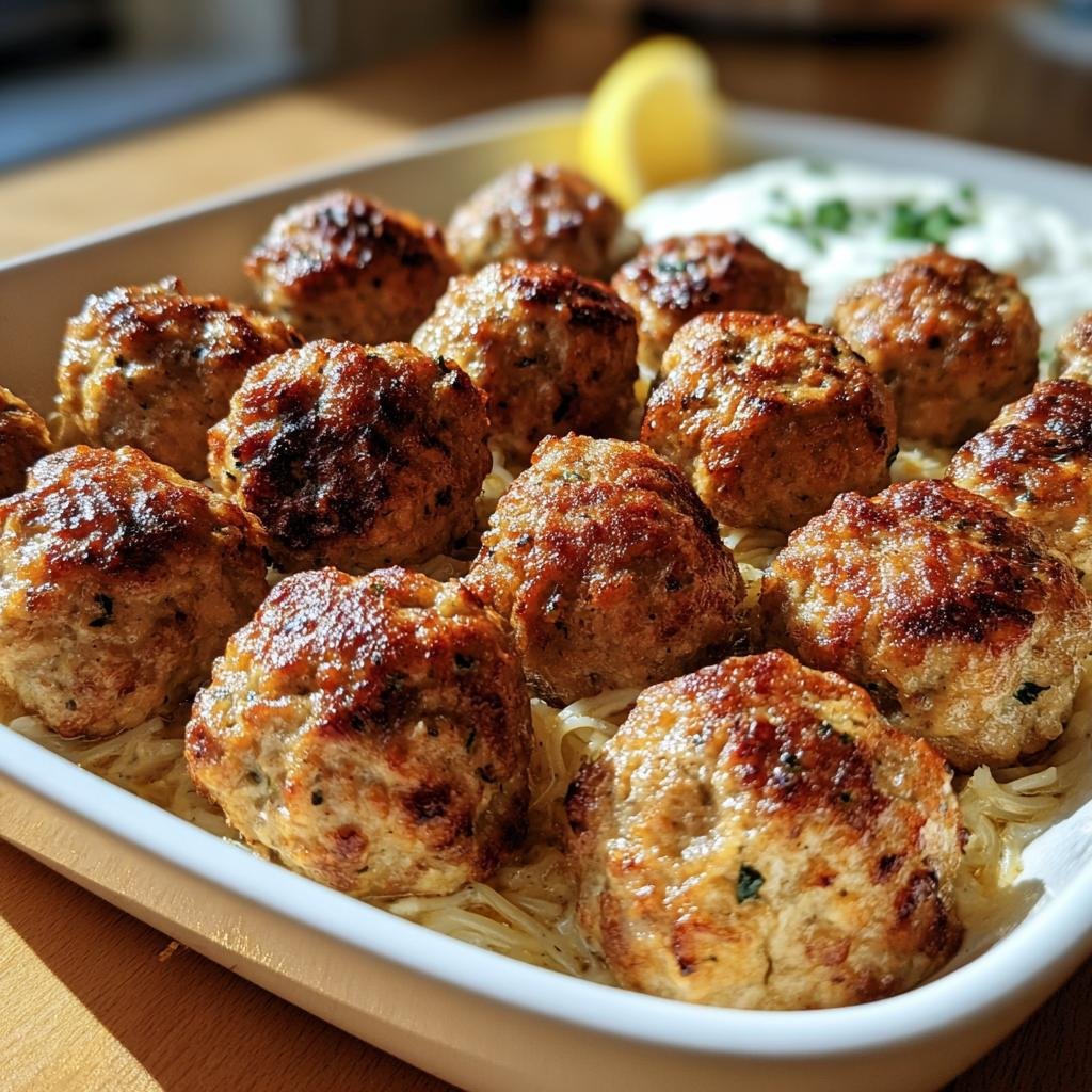 A platter of golden brown Greek Chicken Meatballs served over pasta with tzatziki sauce and a lemon wedge.