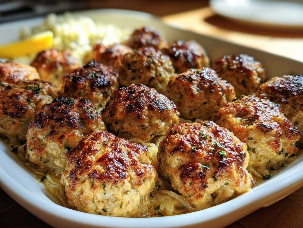 A platter of golden brown Greek Chicken Meatballs, garnished with herbs and served with a lemon wedge.