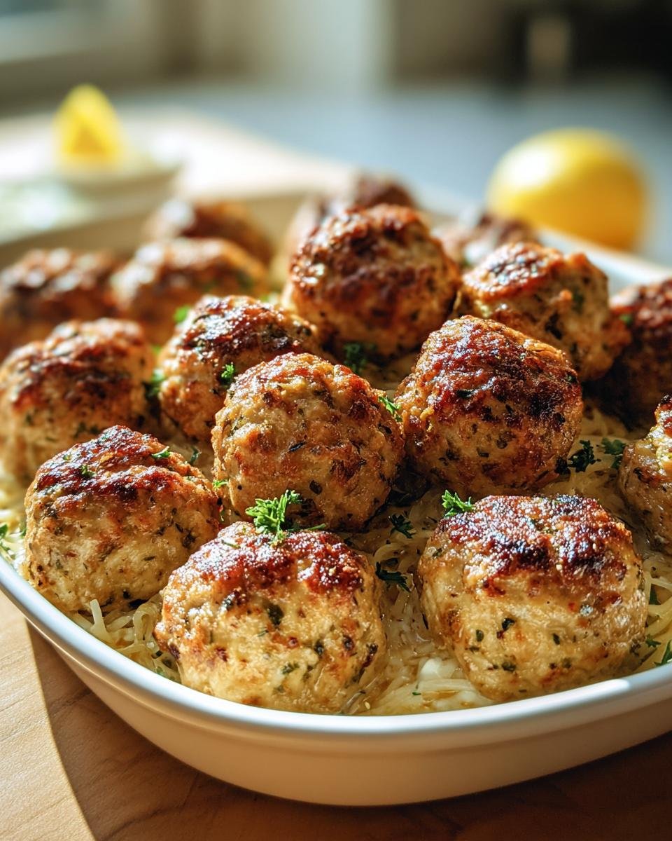 A platter of golden-brown Greek Chicken Meatballs, garnished with parsley and served with a lemon wedge.