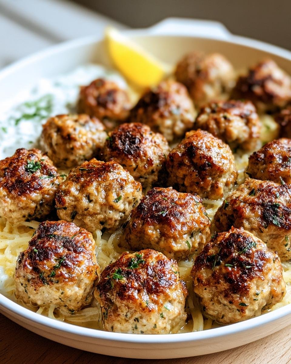 A platter of flavorful Greek Chicken Meatballs served with pasta, tzatziki sauce, and a lemon wedge.