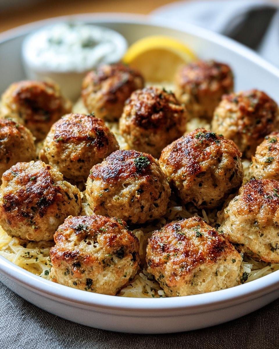 A platter of Greek Chicken Meatballs served over pasta with tzatziki sauce and a lemon wedge.