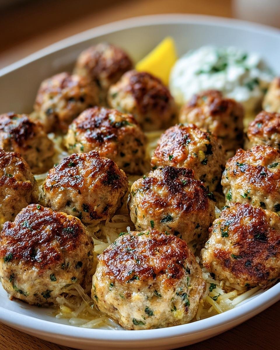 A platter of flavorful Greek Chicken Meatballs served with a lemon wedge and tzatziki sauce.