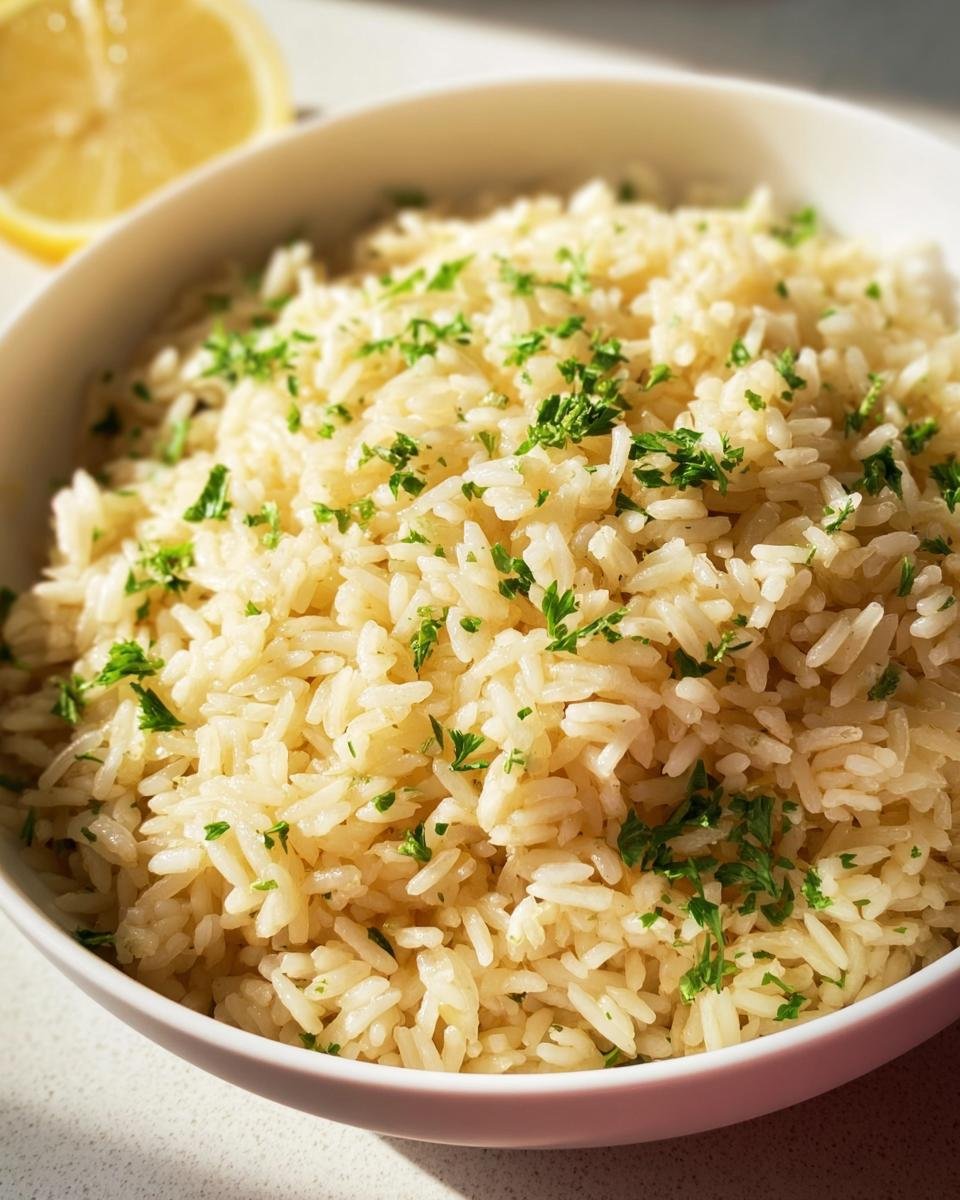 A close-up of Greek Lemon Rice in a bowl, garnished with fresh parsley and a lemon wedge.