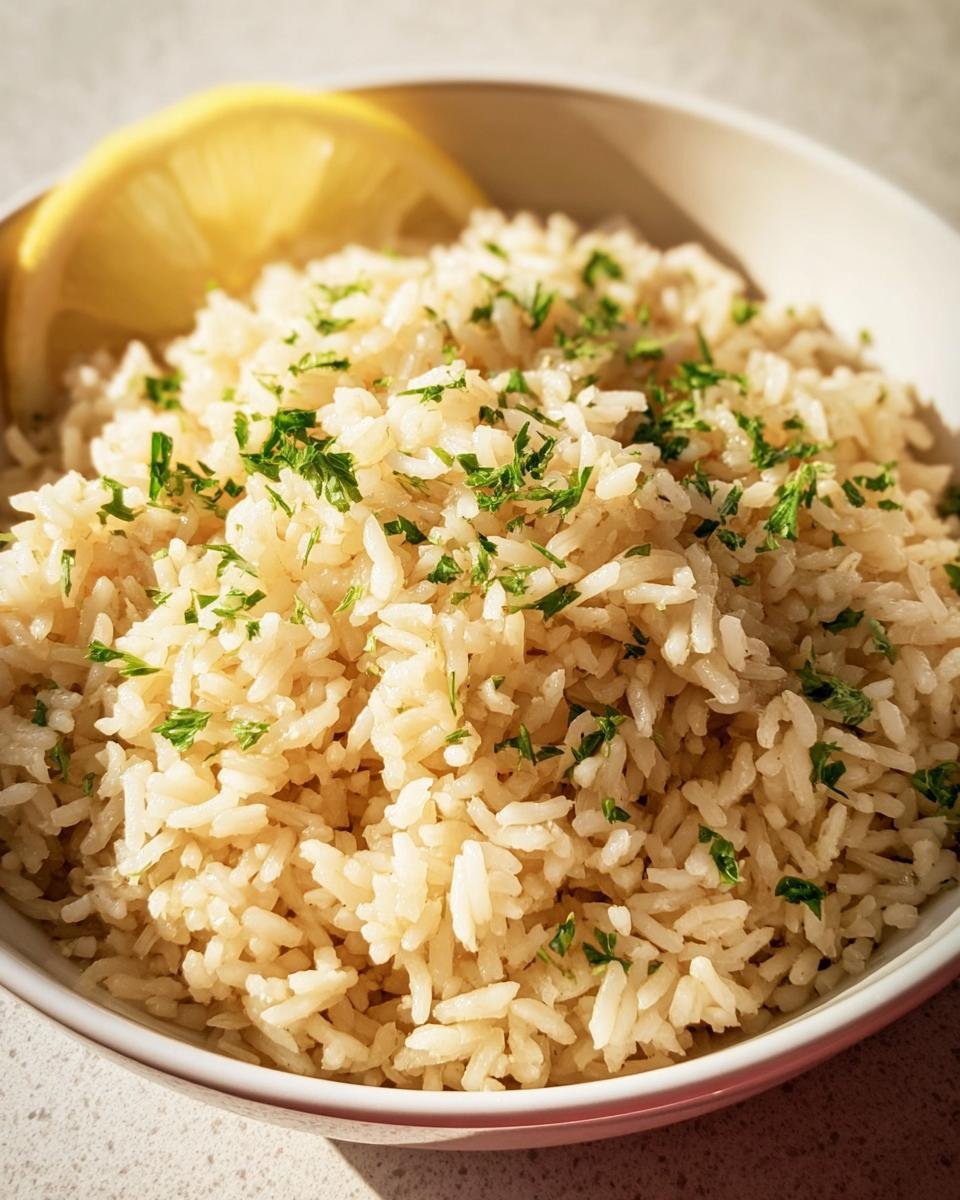 A bowl of fluffy Greek Lemon Rice garnished with parsley and a lemon wedge, ready to serve.
