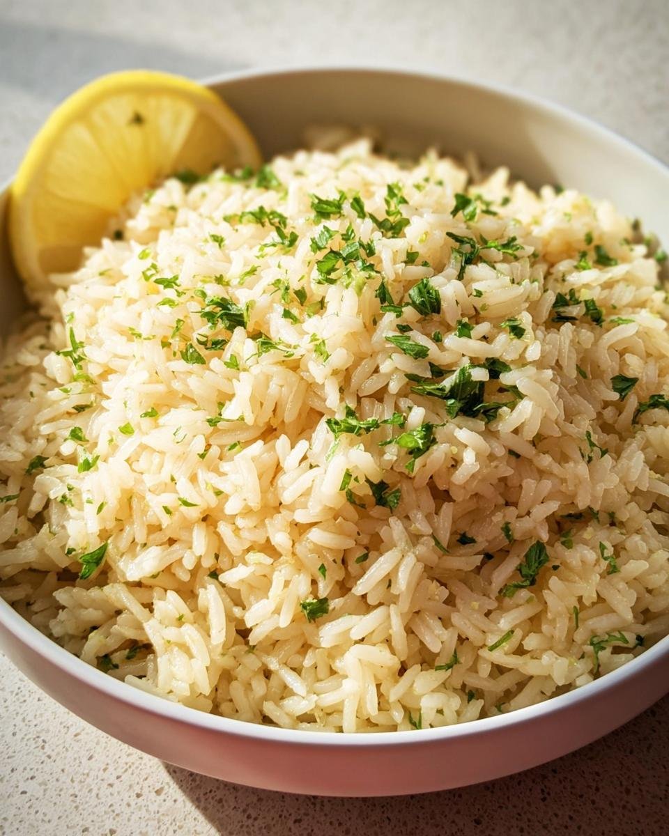 A bowl of fluffy Greek Lemon Rice garnished with fresh parsley and a lemon wedge.