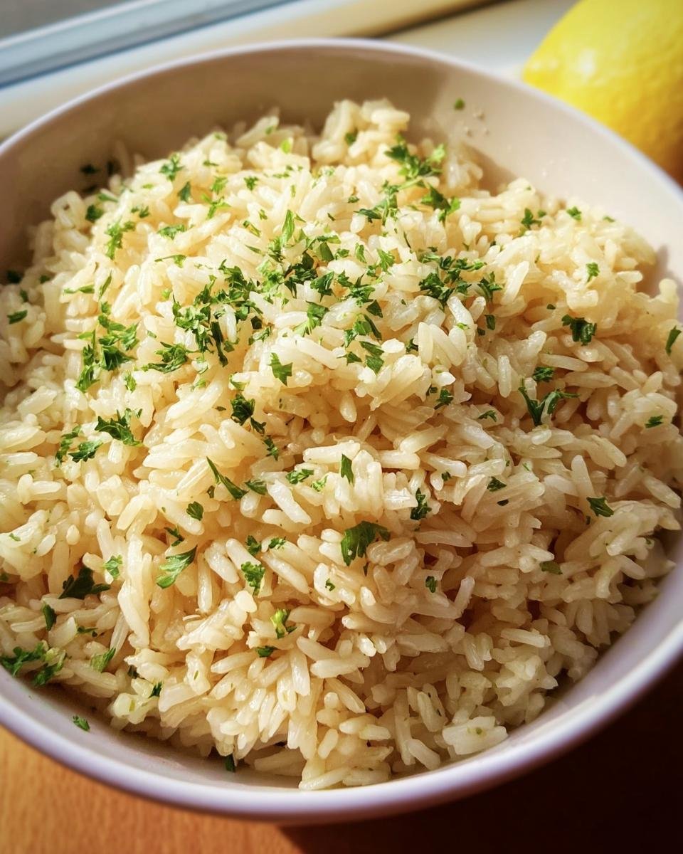A bowl of fluffy Greek Lemon Rice Recipe, garnished with fresh parsley and a lemon in the background.