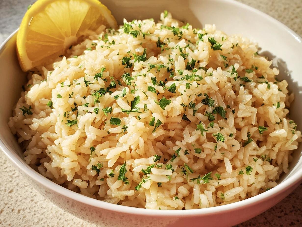A bowl of fluffy Greek Lemon Rice, garnished with fresh parsley and a lemon wedge.