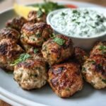A plate of Greek Turkey Meatballs with Tzatziki sauce, garnished with herbs and a lemon wedge.