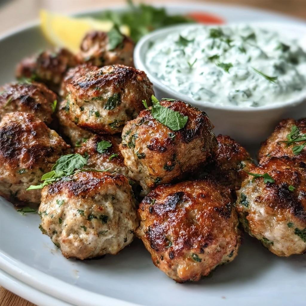 A plate of Greek Turkey Meatballs with Tzatziki sauce, garnished with herbs and a lemon wedge.