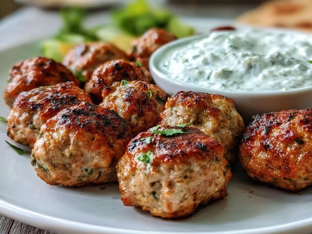 A plate of delicious Greek Turkey Meatballs with Tzatziki sauce, garnished with herbs.