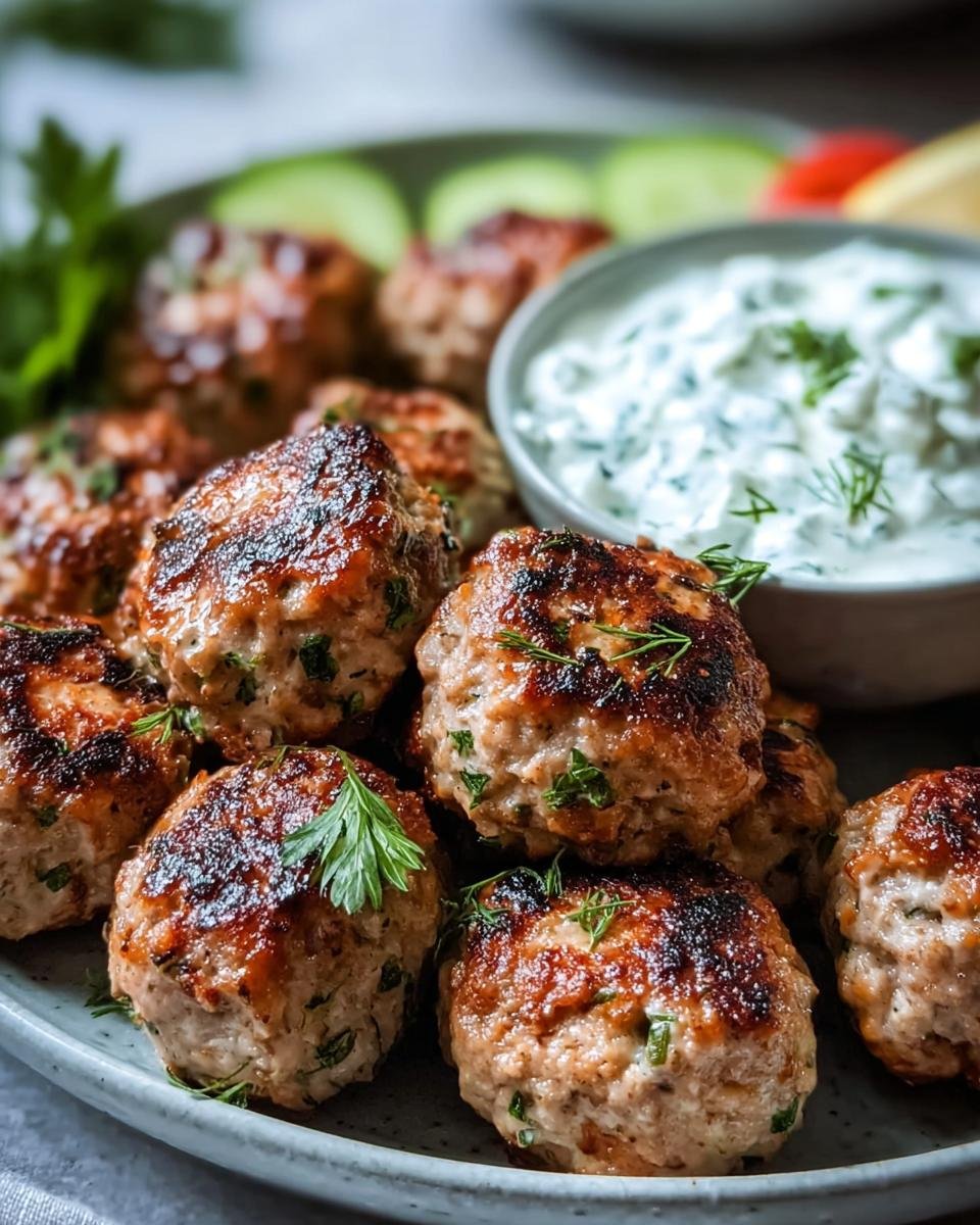 A plate of Greek Turkey Meatballs with Tzatziki sauce, garnished with fresh herbs and sliced cucumbers.