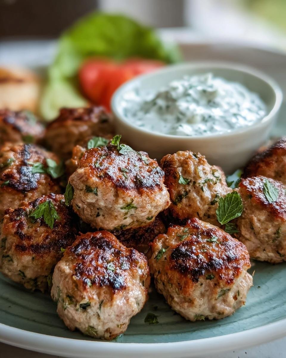 A plate of Greek Turkey Meatballs with Tzatziki sauce, garnished with fresh herbs.
