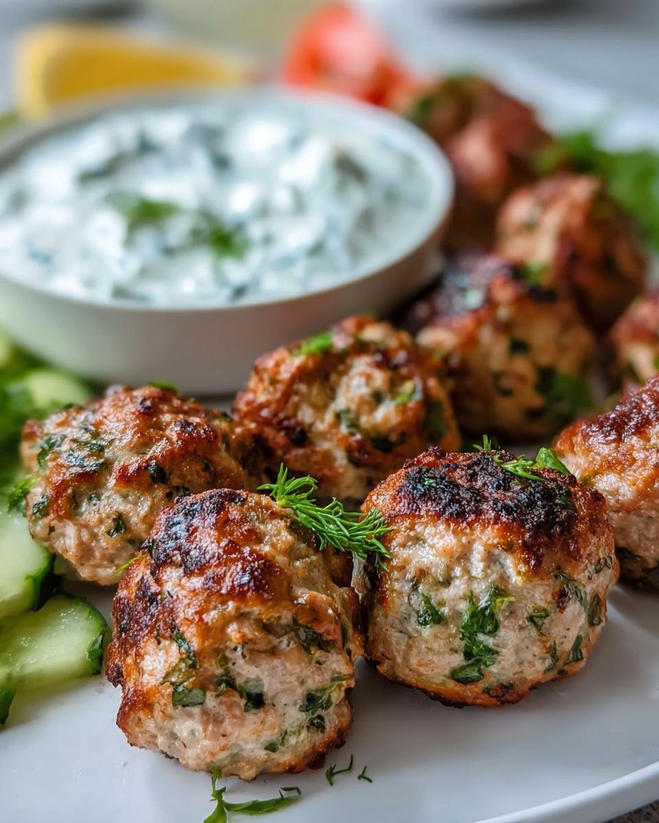 Close-up of Greek Turkey Meatballs with Tzatziki sauce, garnished with dill and served with cucumber.