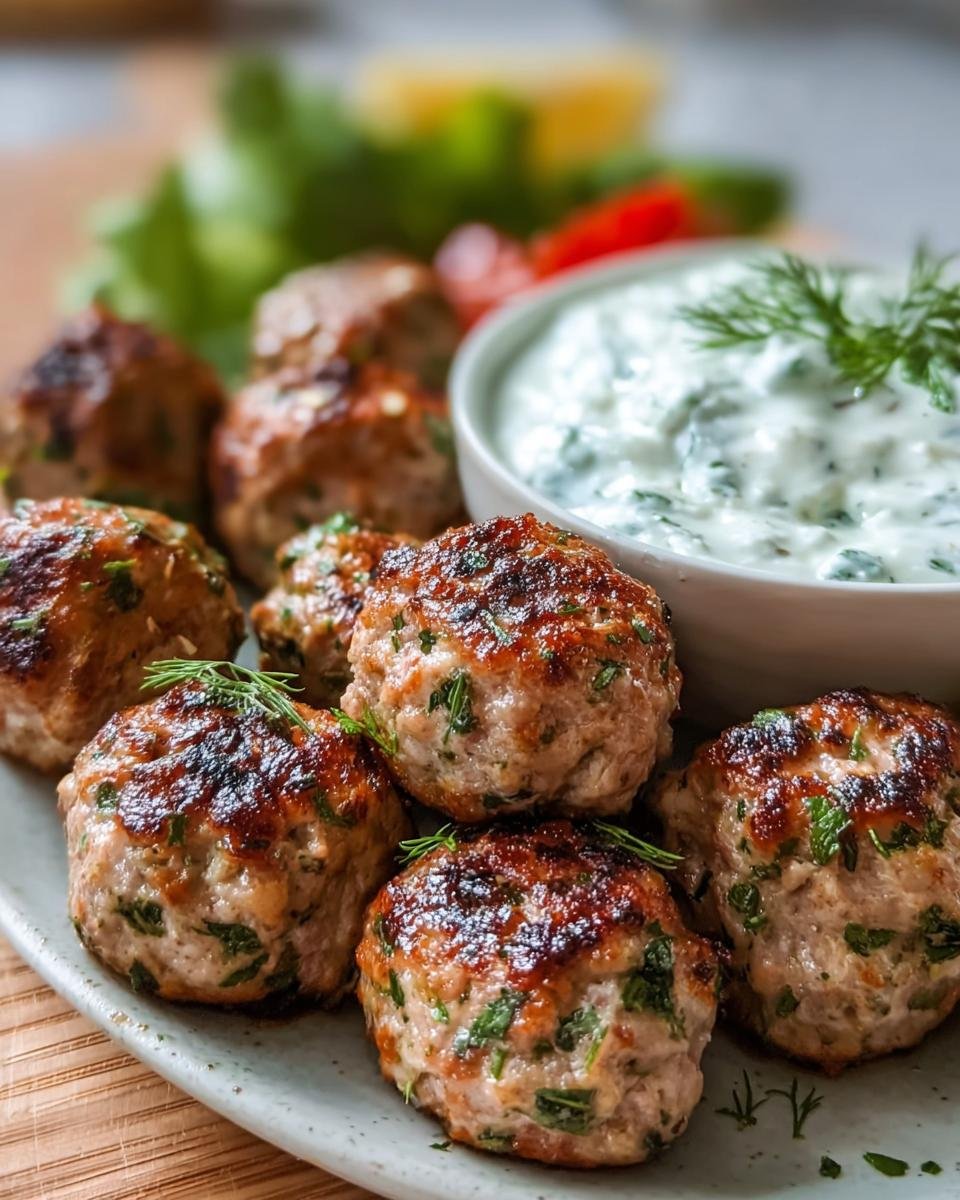 A plate of Greek Turkey Meatballs with Tzatziki sauce, garnished with fresh dill.