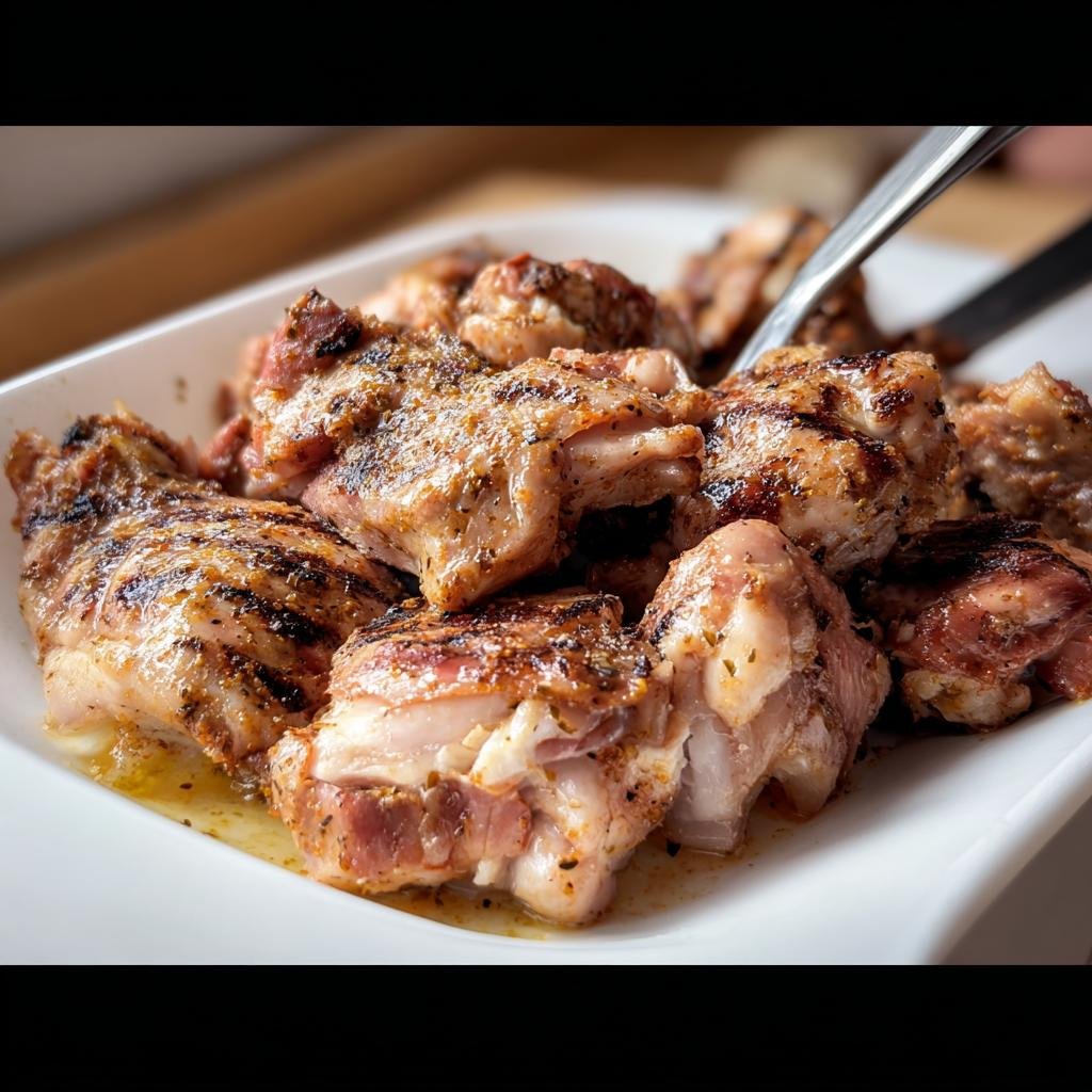 Close-up of grilled chicken pieces marinated with a delicious Grilled Chicken Marinade, served on a white plate.