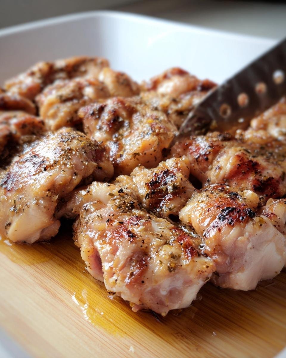 Close-up of grilled chicken pieces coated in Grilled Chicken Marinade, ready to serve.