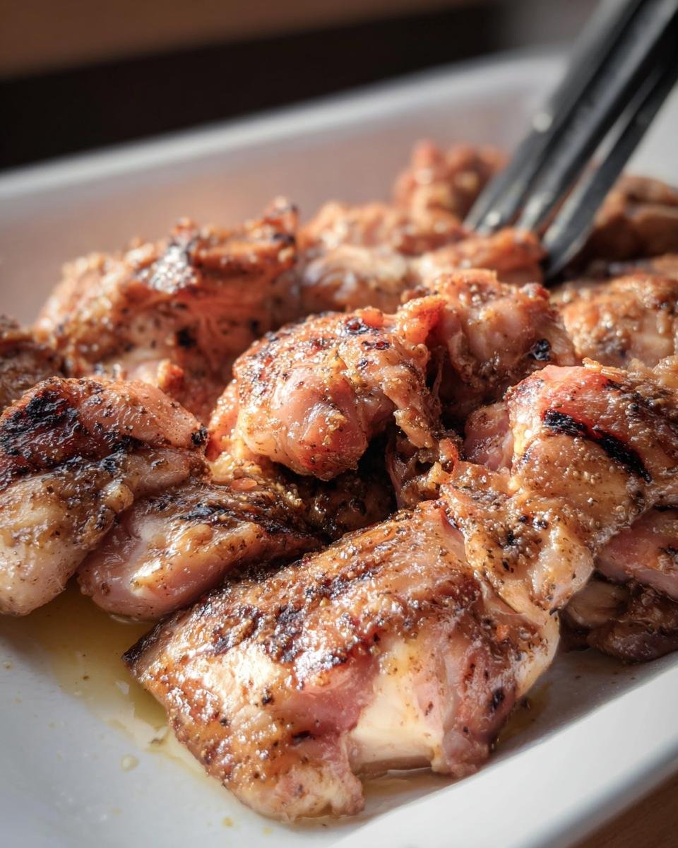 Close-up of grilled chicken pieces marinated with Grilled Chicken Marinade, served on a white plate with a fork.