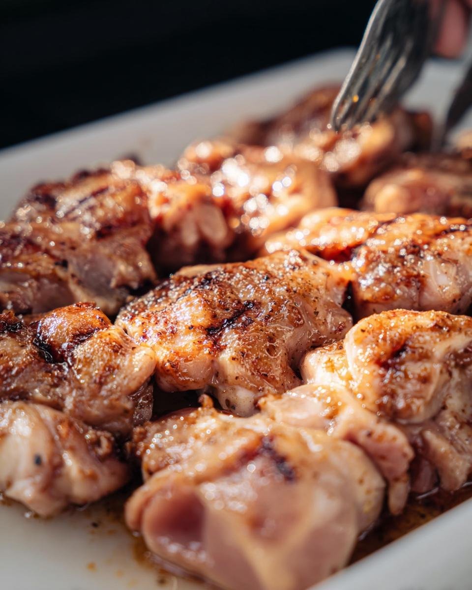 Close-up of grilled chicken marinade thighs with grill marks, ready to serve.