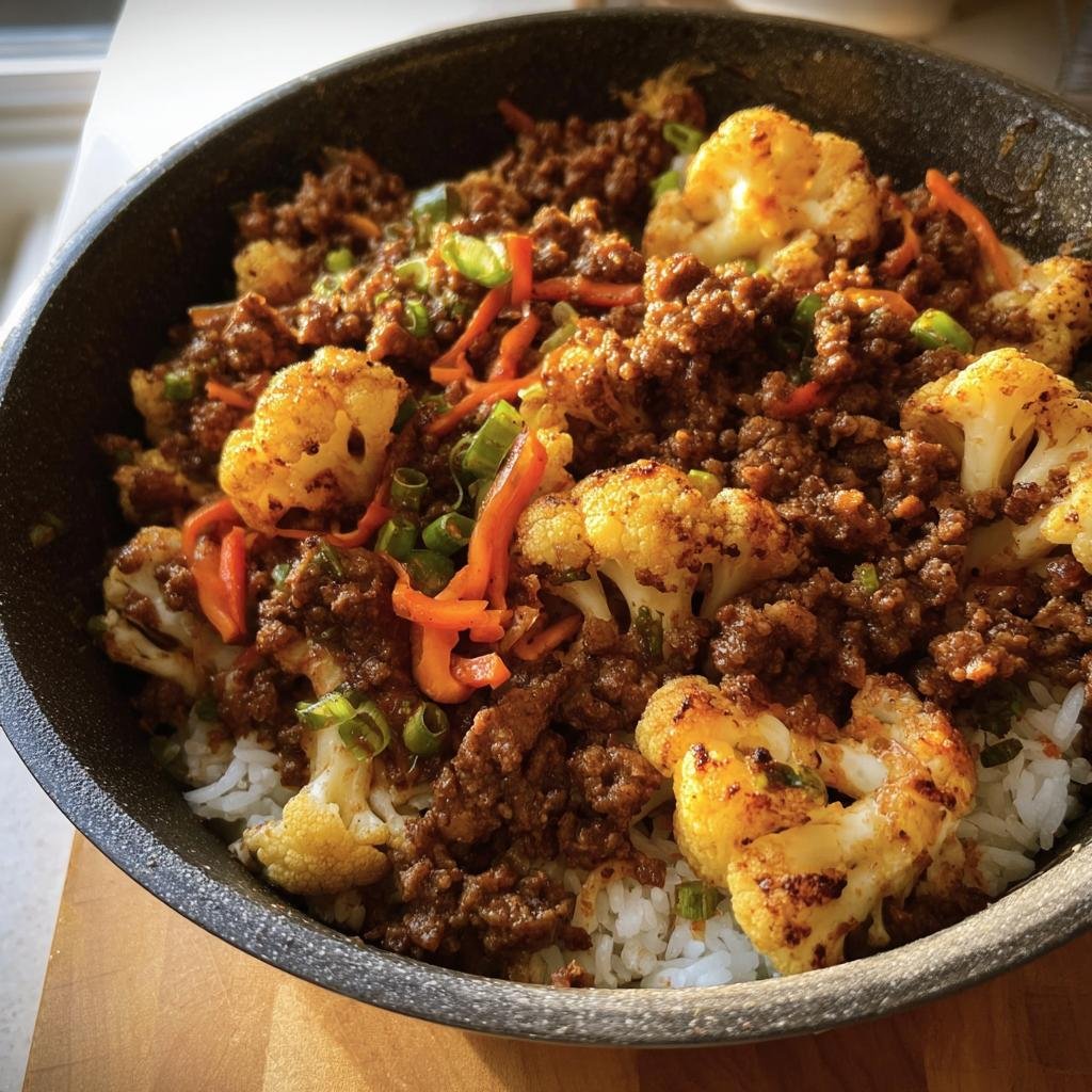 A bowl of Ground Beef Cauliflower Skillet, garnished with green onions and red bell peppers, served over rice.