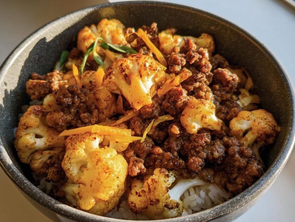 A delicious bowl of Ground Beef Cauliflower Skillet, featuring seasoned ground beef and roasted cauliflower.