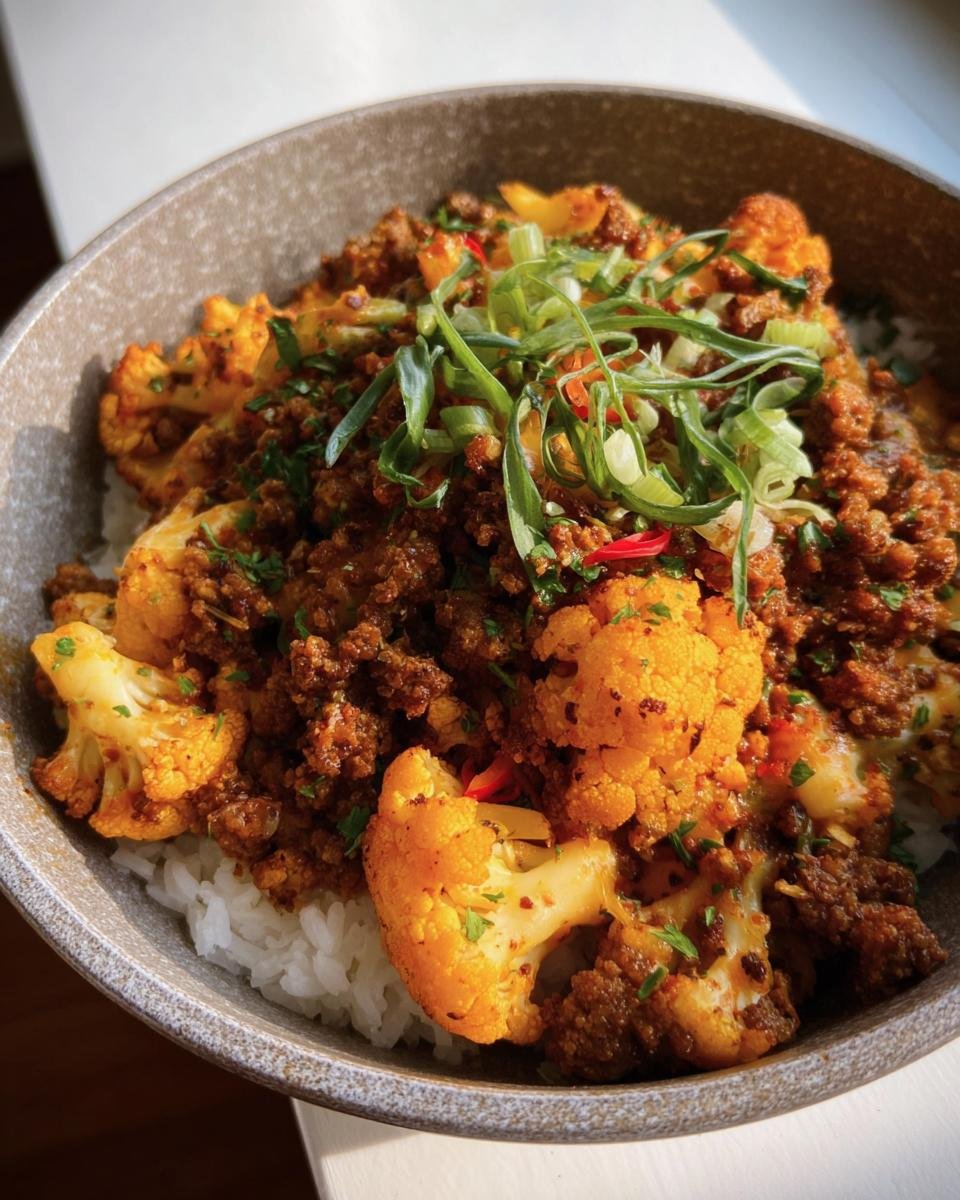 A bowl of Ground Beef Cauliflower Skillet over rice, garnished with green onions and red pepper.