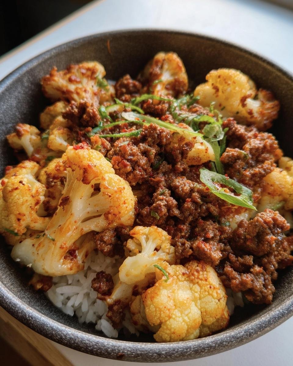 A bowl of Ground Beef Cauliflower Skillet served over rice and garnished with green onions.
