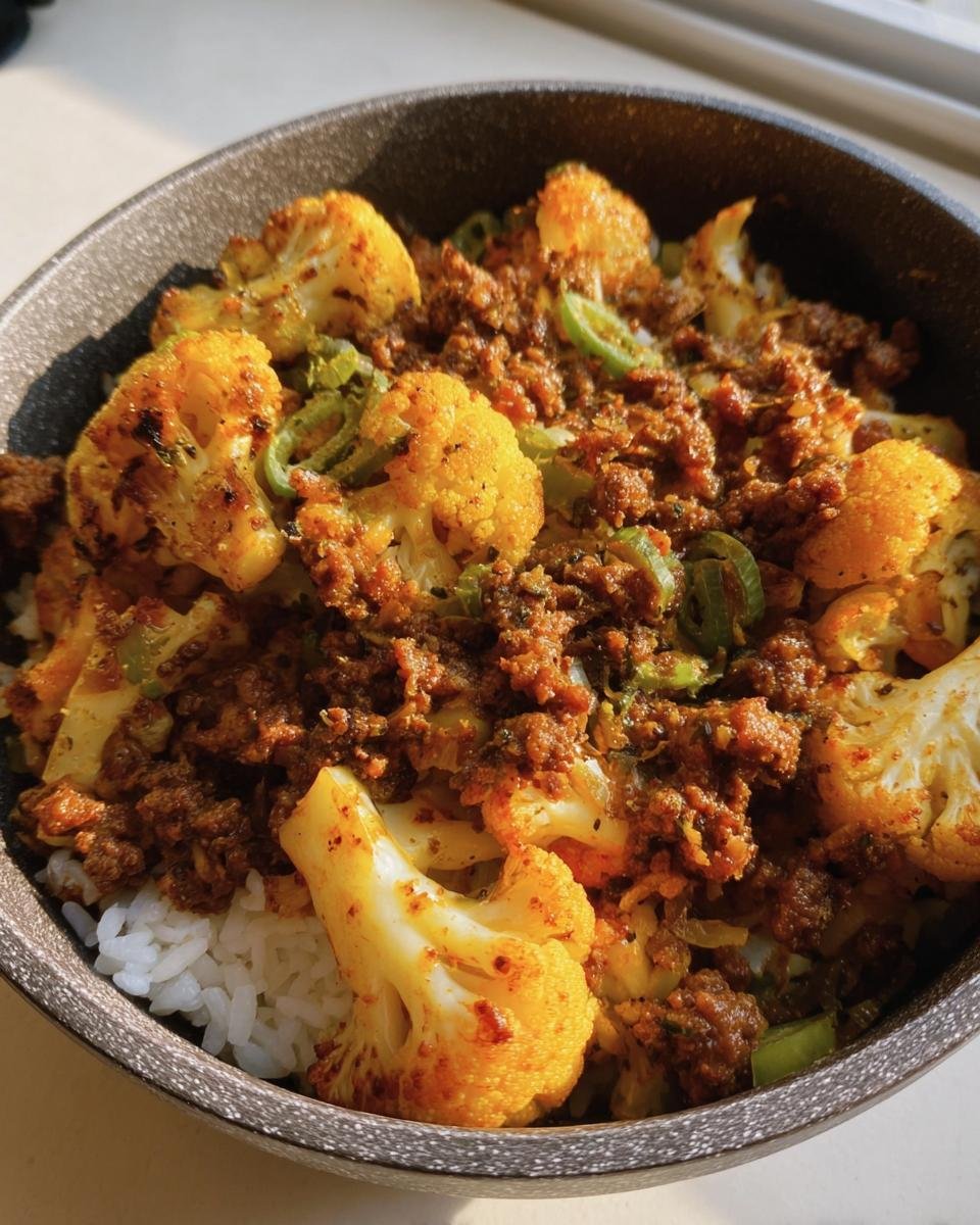 A bowl of Ground Beef Cauliflower Skillet served over rice and garnished with green onions.