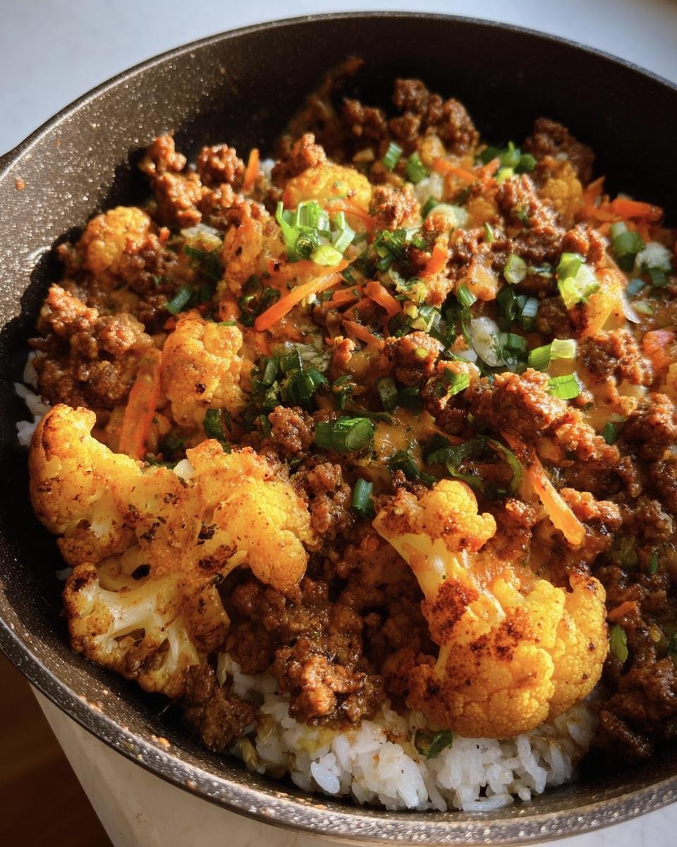 A close-up of a Ground Beef Cauliflower Skillet, showing cauliflower florets, ground beef, and green onions.