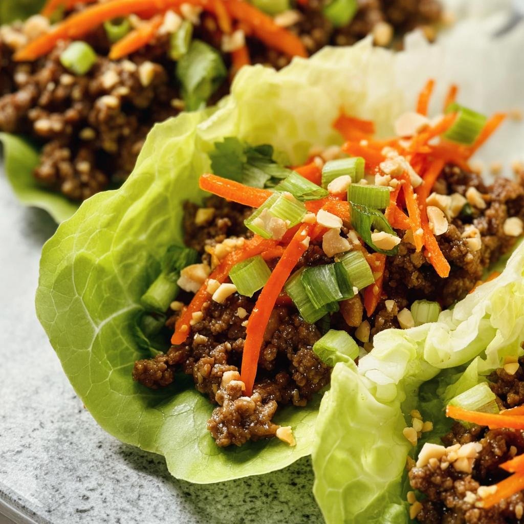 Close-up of Ground Beef Lettuce Wraps with ground beef, carrots, green onions, and peanuts.