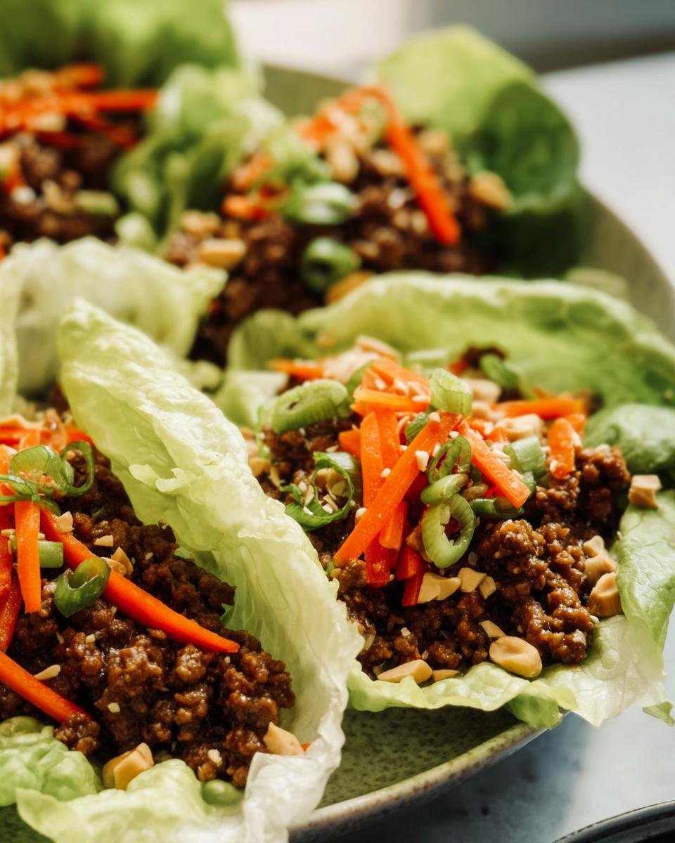 Close-up of Ground Beef Lettuce Wraps with carrots, green onions, and peanuts.