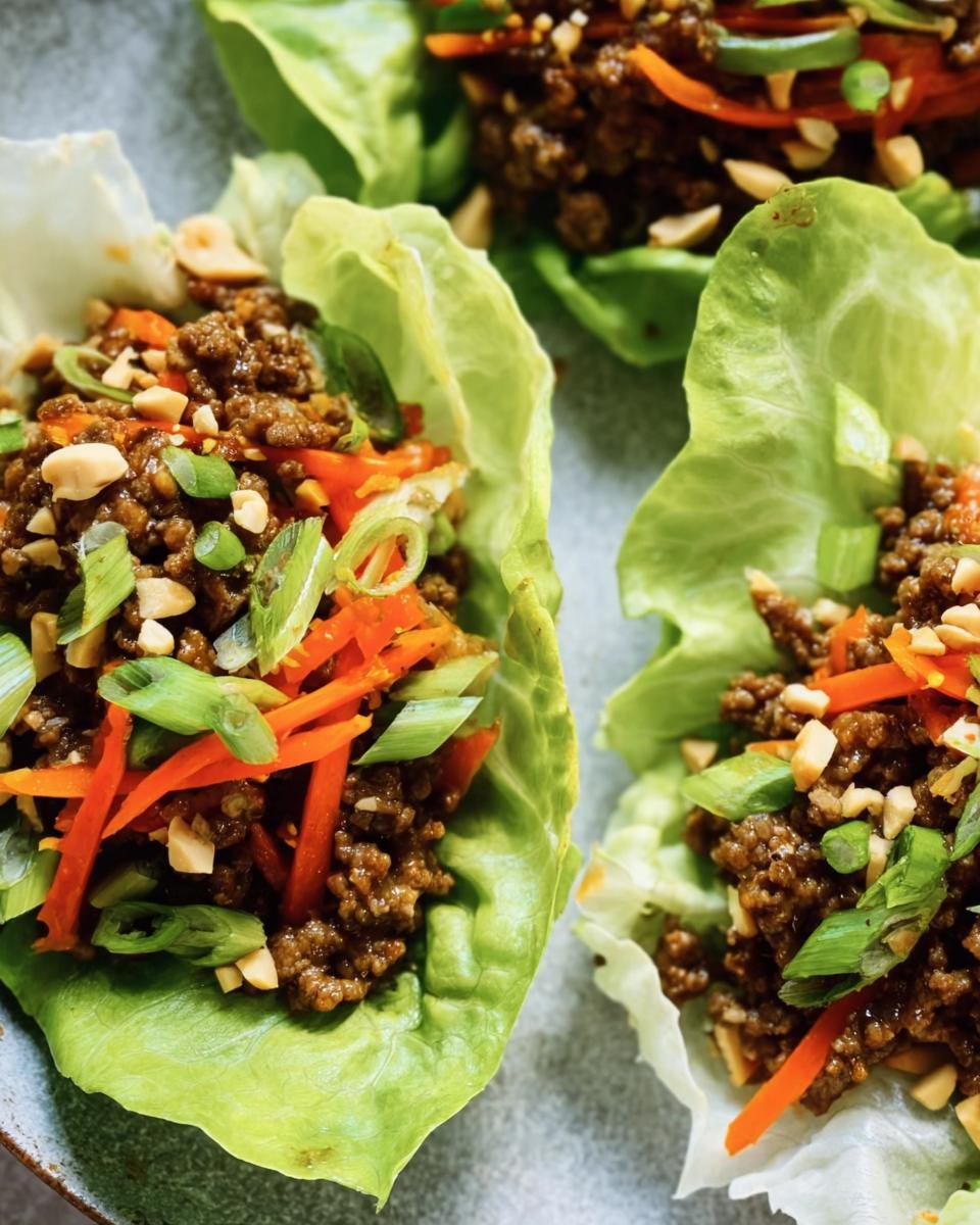 Close-up of ground beef lettuce wraps filled with savory meat, carrots, and green onions. 