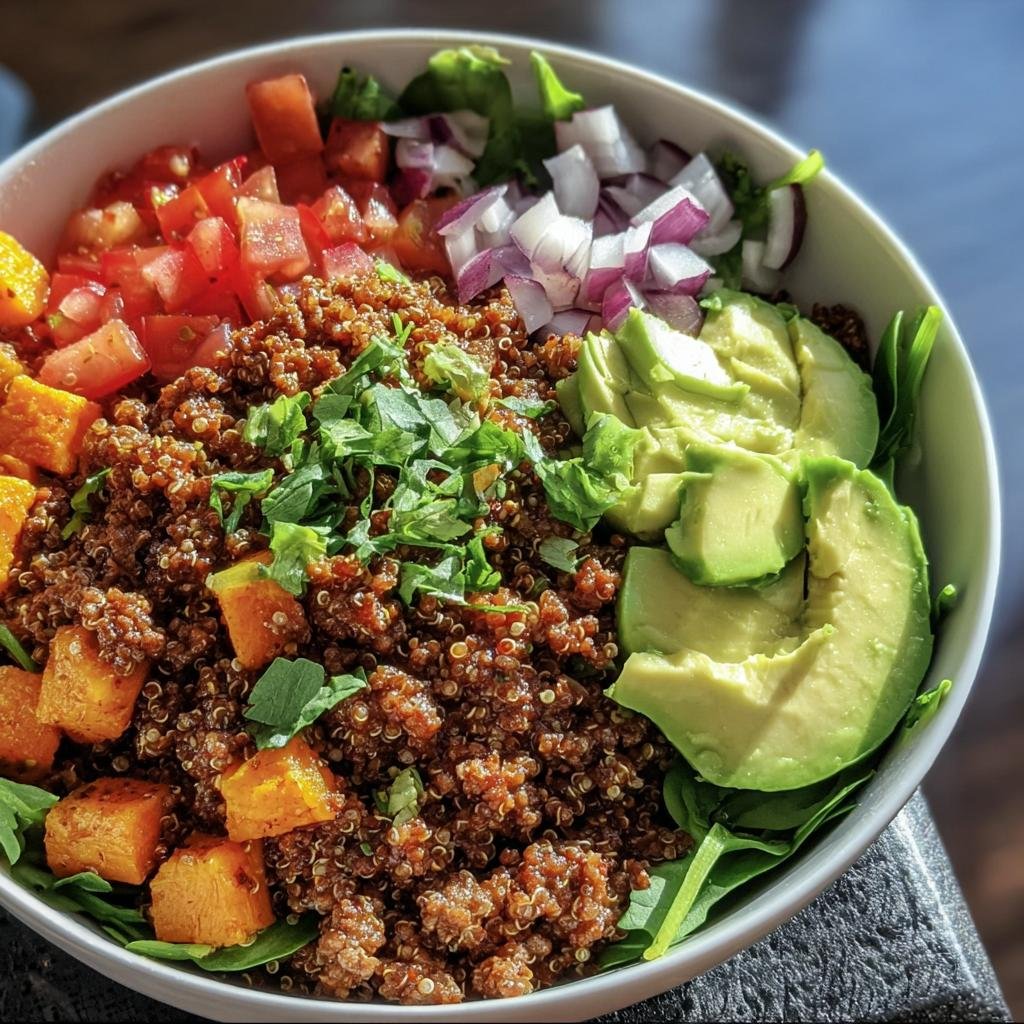 Overhead shot of a Ground Beef Protein Bowl with quinoa, avocado, tomatoes, red onion, and spinach.