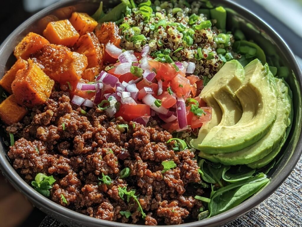 A vibrant Ground Beef Protein Bowl with ground beef, avocado, quinoa, sweet potato, and fresh salsa.