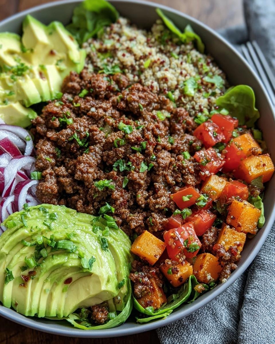 Overhead shot of a Ground Beef Protein Bowl with ground beef, avocado, quinoa, and roasted vegetables.