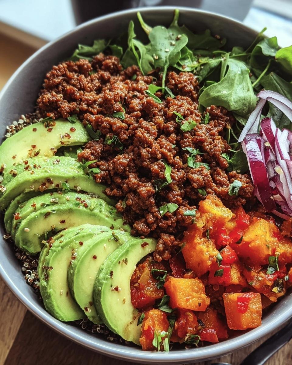 A vibrant Ground Beef Protein Bowl with ground beef, avocado, greens, and roasted vegetables.