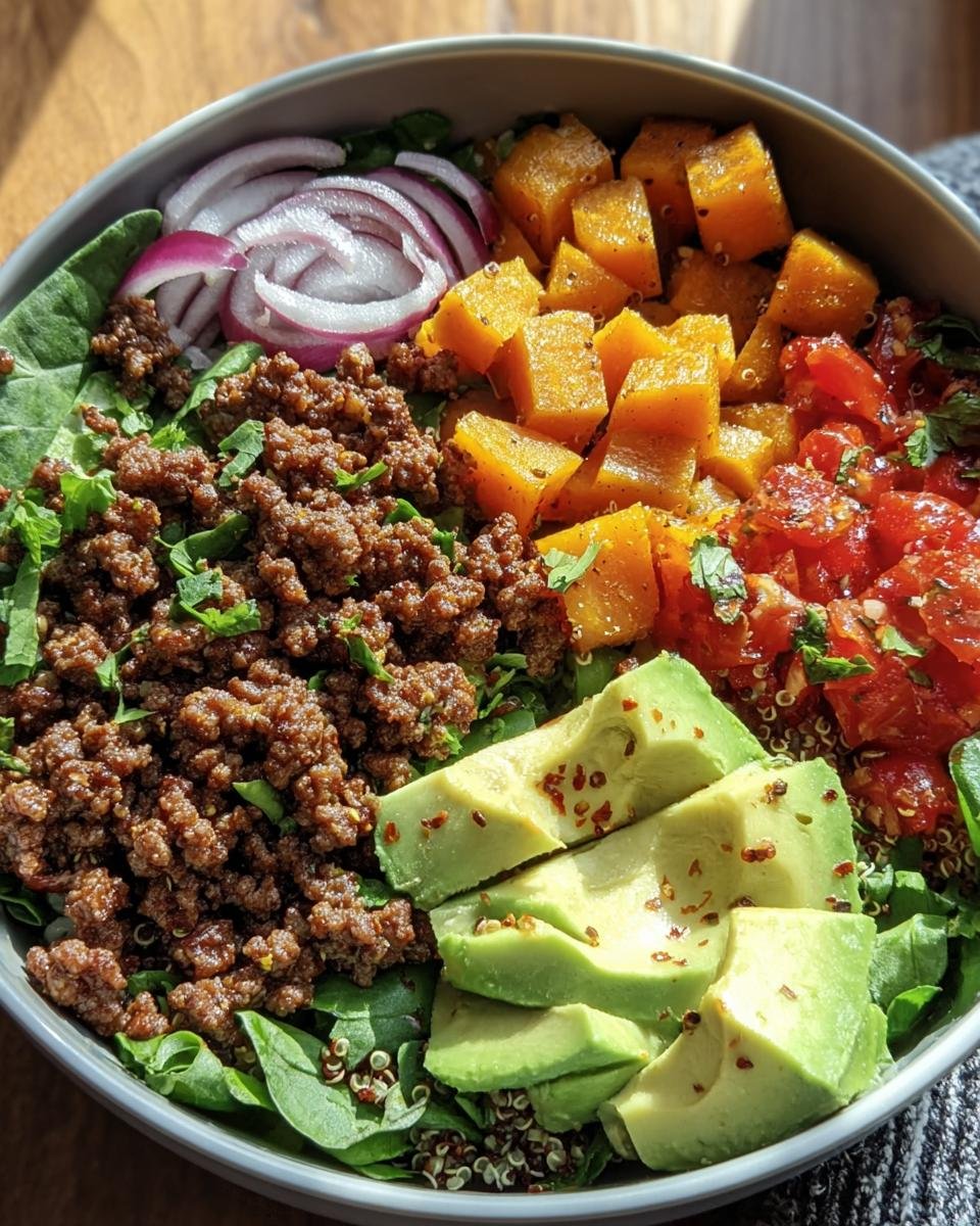 Overhead shot of a Ground Beef Protein Bowl with ground beef, avocado, red onion, and butternut squash.